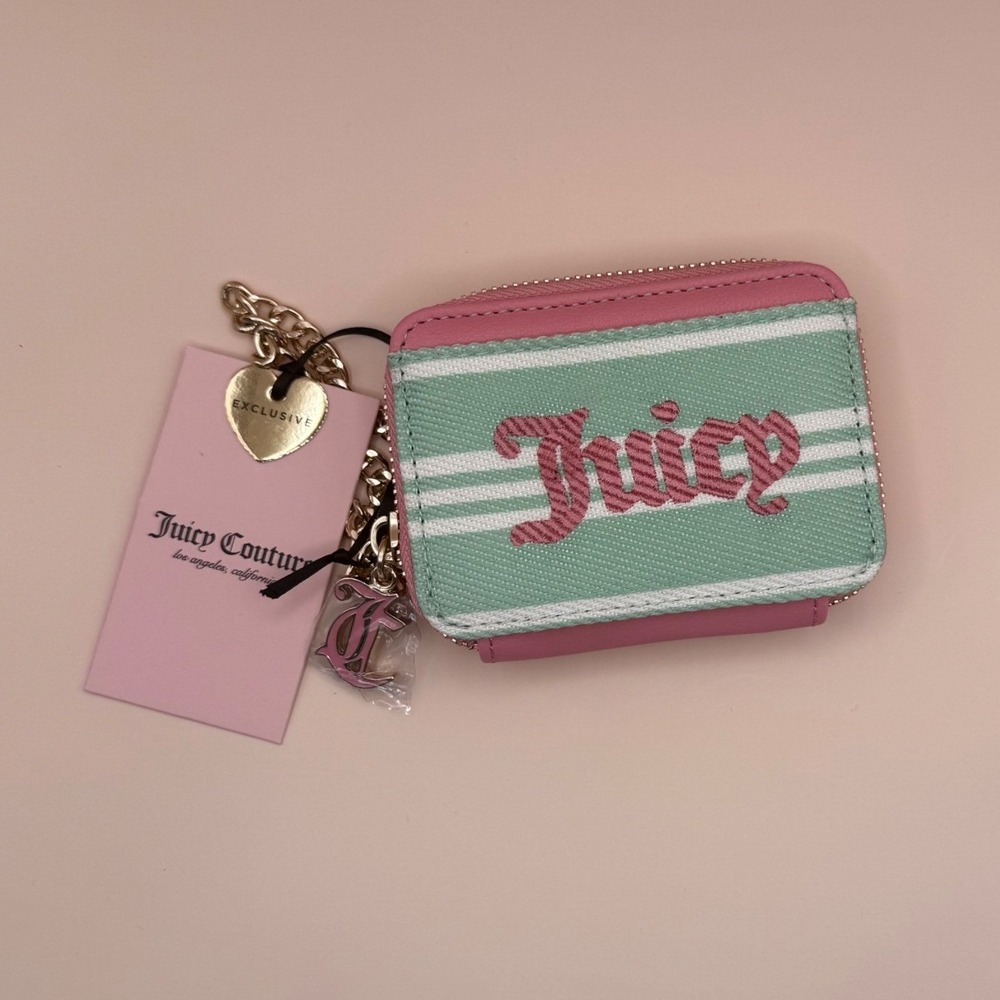 Juicy Couture Retro Green Cream Paradise Square Zip Card Case Wristlet Wallet